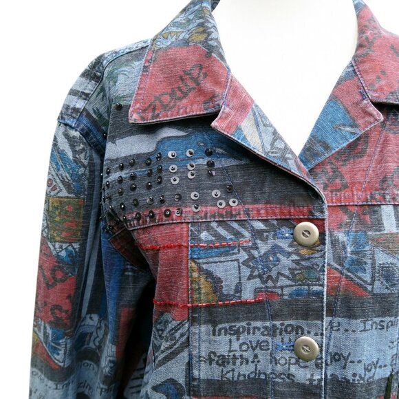 Chico's Embellished Denim Cropped Jean Jacket with Beads Size 1 Medium - Picture 2 of 6